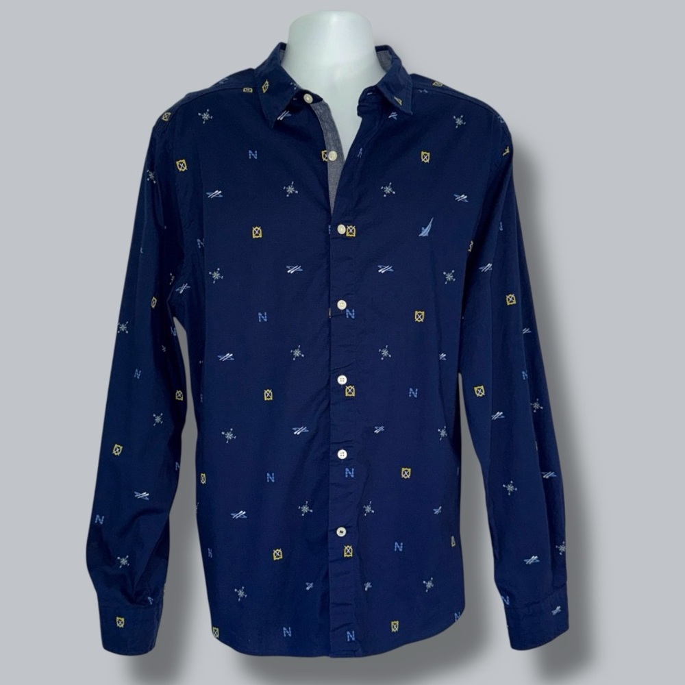 Nautica Classic Fit Stretch Button Down Shirt XL Navy Nautical Print